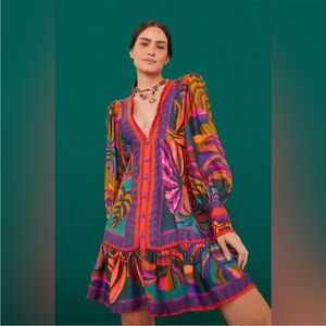 FARM Rio Puff Sleeve Mini Dress - Graphic Foliage Print - NWT